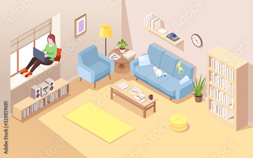Freelancer on windowsill using notebook for doing remote job. Isometric vector living room with woman near window working at laptop. Home office for female business concept. Comfortable workplace
