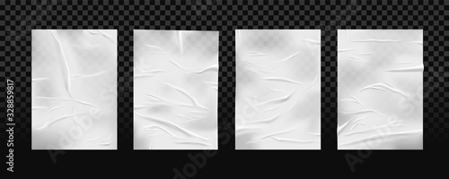 Set of isolated white glued wrinkled paper. Crumpled piece of patch or scrunched wet tape. Used bandage or ragged sellotape. Realistic paper on glue with water on transparent background. Texture