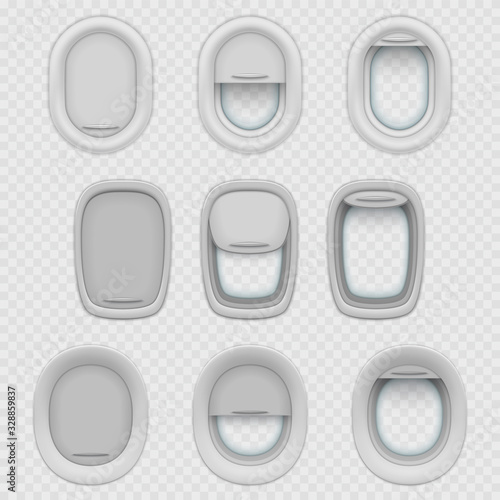 Set of isolated airplane or plane window with shades. Realistic opened and closed, half-open porthole for aircraft cabin interior. Jet or air vehicle plastic panel for sight. Sky trip,aviation tourism
