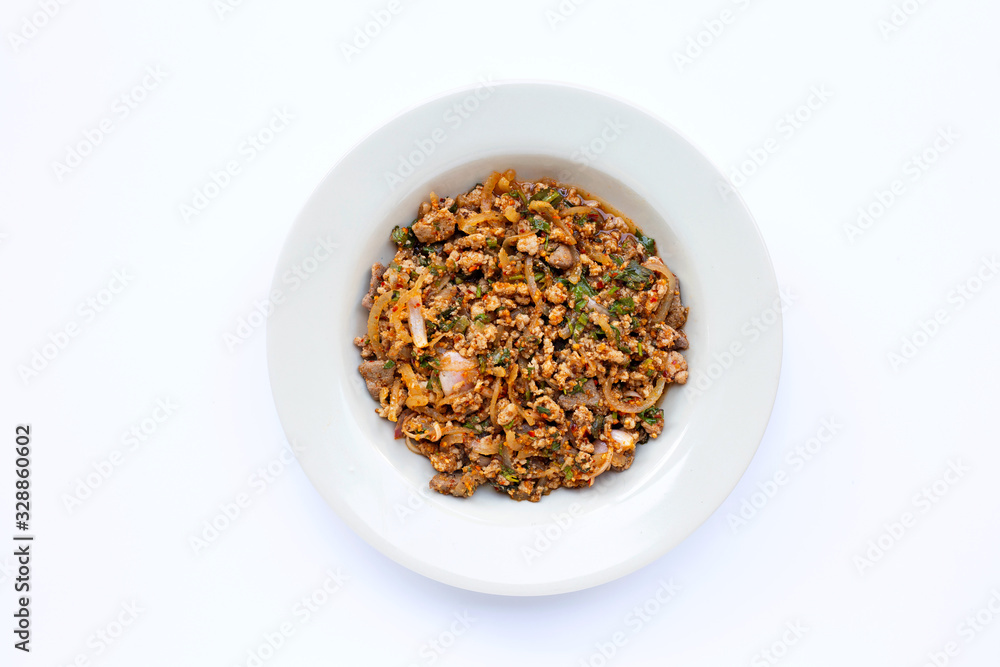 Spicy mince pork salad on white bakcground. Spicy mince pork salad on white bakcground.