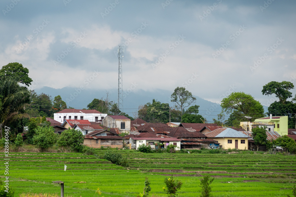 Radio Tower in a Small Indonesian Village Surrounded by Green Rice Fields