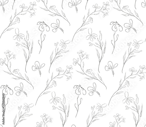 Vector Hand Drawn Line Drawing Doodle Floral Seamless Pattern with Wildflowers, Plants, Branches, Leaves, Flowers Design Elements Illustration. Branding. Swatch