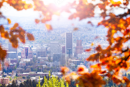 Portland downtown view from the Macleay park through autumn leaves branch