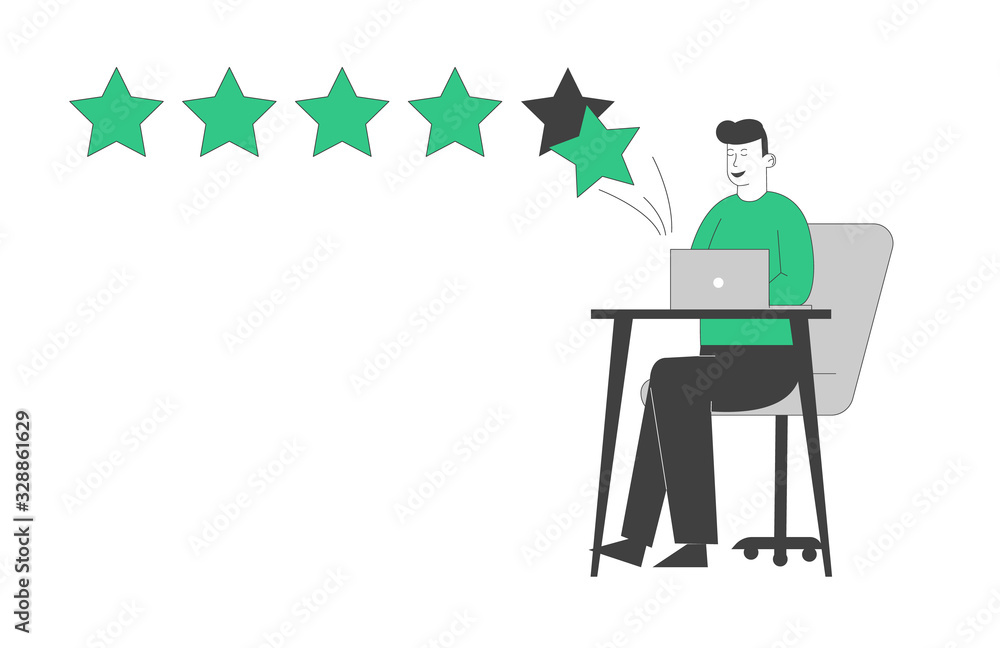 Ranking Evaluation and Rating Classification Concept. Businessman Character Click on Green Stars in Pc to Increase Rate, Give Review and Feedback for Services in Internet. Linear Vector Illustration