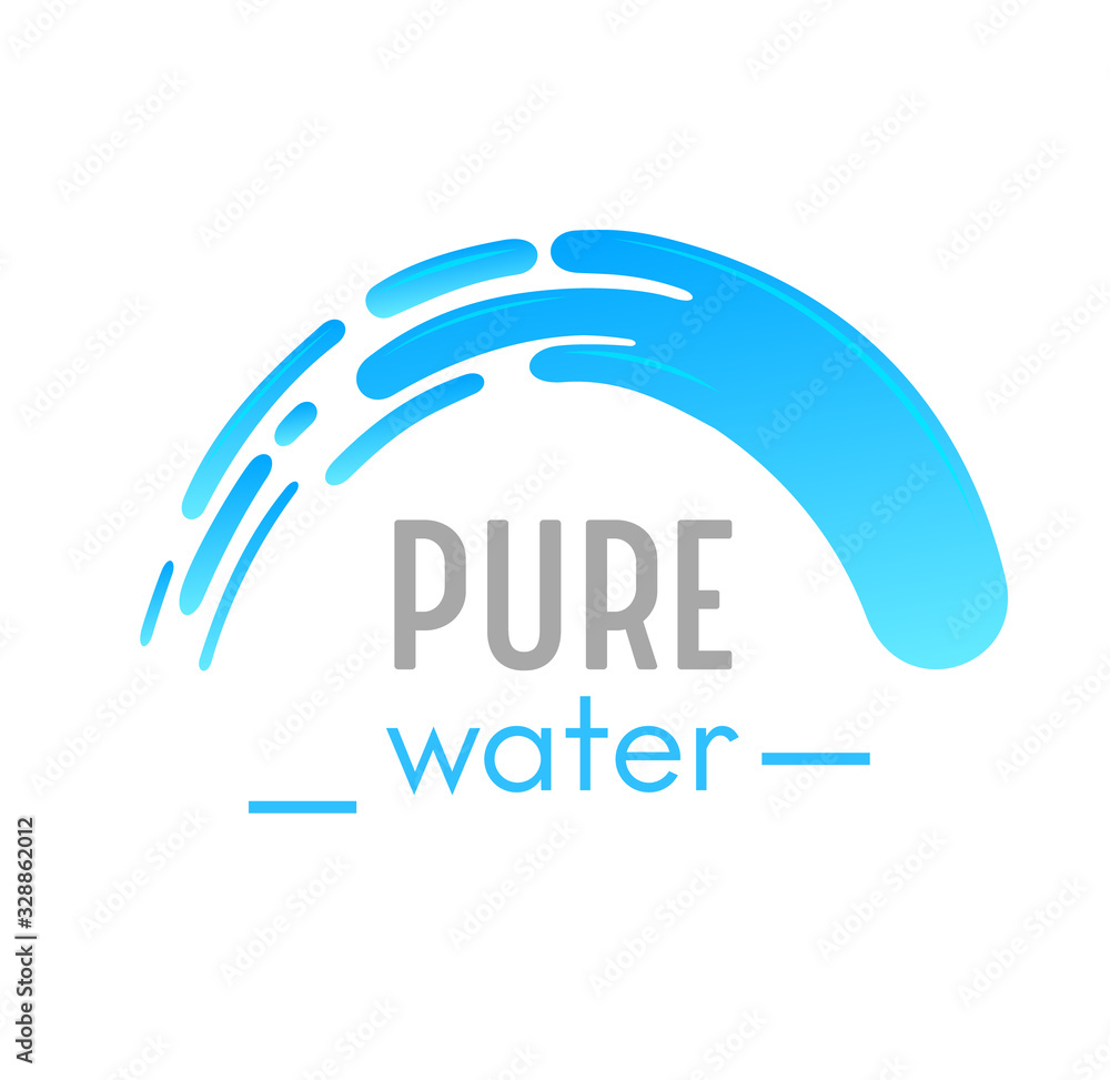 Pure Water Banner with Waterfall Cascade or Falling Stream of Liquid Aqua on White Background. River, Fountain Element for Design, Nature Logotype. Sea Wave in Shape of Arch. Vector Illustration Pure Water Banner with Waterfall Cascade or Falling Stream of Liquid Aqua on White Background. River, Fountain Element for Design, Nature Logotype. Sea Wave in Shape of Arch. Vector Illustration