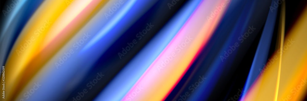 Silk and smooth flow wave poster design. Color waves, liquid style lines and shapes in black color background Silk and smooth flow wave poster design. Color waves, liquid style lines and shapes in black color background