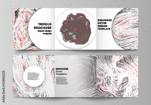 The black colored minimal vector illustration layout. Modern creative covers design templates for trifold square brochure or flyer. 3D grid surface, wavy vector background with ripple effect.