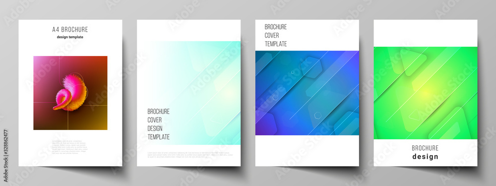 Vector layout of A4 format modern cover mockups design templates for brochure, magazine, flyer, booklet. Futuristic technology design, colorful backgrounds with fluid gradient shapes composition.
