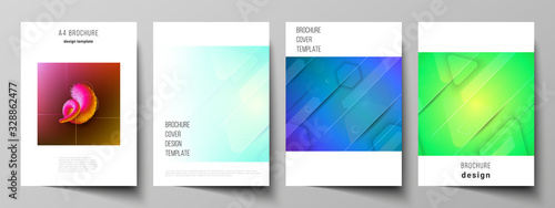 Vector layout of A4 format modern cover mockups design templates for brochure  magazine  flyer  booklet. Futuristic technology design  colorful backgrounds with fluid gradient shapes composition.