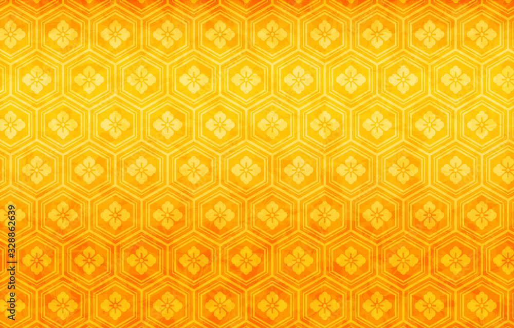 金色の和紙と和柄：花菱亀甲