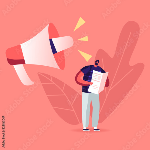 Fake News, Information and Disinformation. Male Character Reading Newspaper near Huge Megaphone Speak. Mass Media Worldwide Human Consciousness Manipulation, Gossip Info. Cartoon Vector Illustration