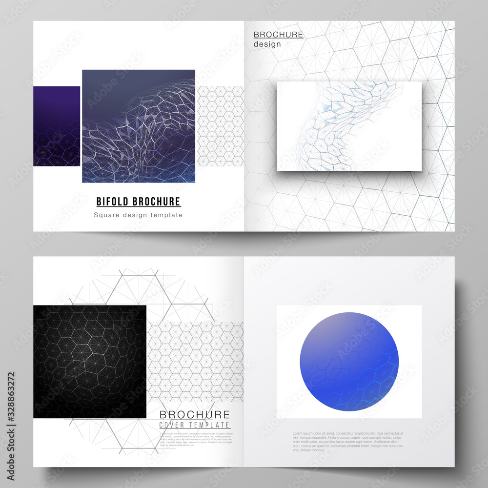 Fototapeta premium Vector layout of two covers templates for square design bifold brochure, flyer. Digital technology and big data concept with hexagons, connecting dots and lines, polygonal science medical background.