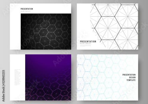 Vector layout of the presentation slides design business templates. Digital technology and big data concept with hexagons, connecting dots and lines, polygonal science medical background.
