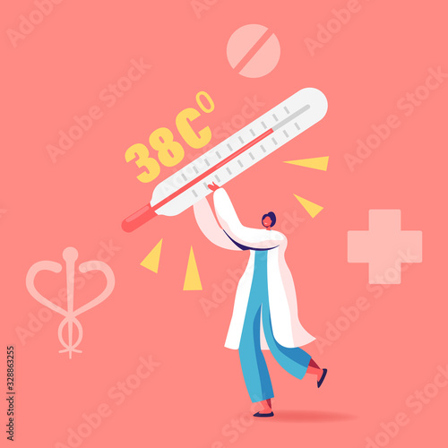 Female Doctor Character Carry Huge Thermometer with High Temperature Scale. Flu, Appendicitis Disease, Intestine Inflammation Symptoms. Emergency Help, Surgery Concept. Cartoon Vector Illustration