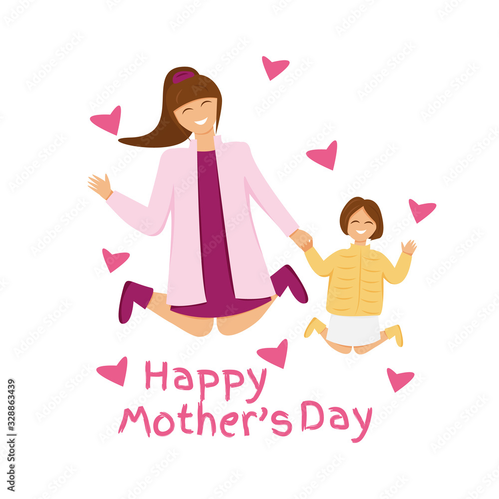 Vector illustration of happy brunette family jumping. Mother and daughter holding hands. Greeting card for mother's day with cute characters and text. Flat design of funny people isolated. Mom's love Vector illustration of happy brunette family jumping. Mother and daughter holding hands. Greeting card for mother's day with cute characters and text. Flat design of funny people isolated. Mom's love