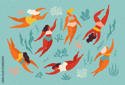 Cute decorative background with swimming women and girl in the sea or ocean. Vector illustration. Underwater artwork design. Swim and dive in sea.