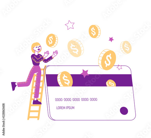 Woman Character Stand on Ladder Put Golden Coins to Plastic Card. Discount and Loyalty Program Customer Service, Rewards Points and Bonus System to Regular Clients Concept. Linear Vector Illustration