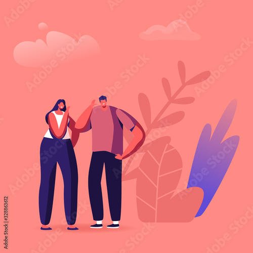 Fake News Concept. Woman and Man Characters Telling Gossips and Scandal Tales to Each Other on Street. People Spreading Wrong Scandalize Information, Mass Media False Info. Cartoon Vector Illustration