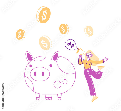 Bonus Card, Loyalty Program, Earn Reward, Redeem Gift Concept. Tiny Female Character Promoter Shout to Megaphone Near Huge Piggy Bank. Woman Promo Announcement in Store. Linear Vector Illustration