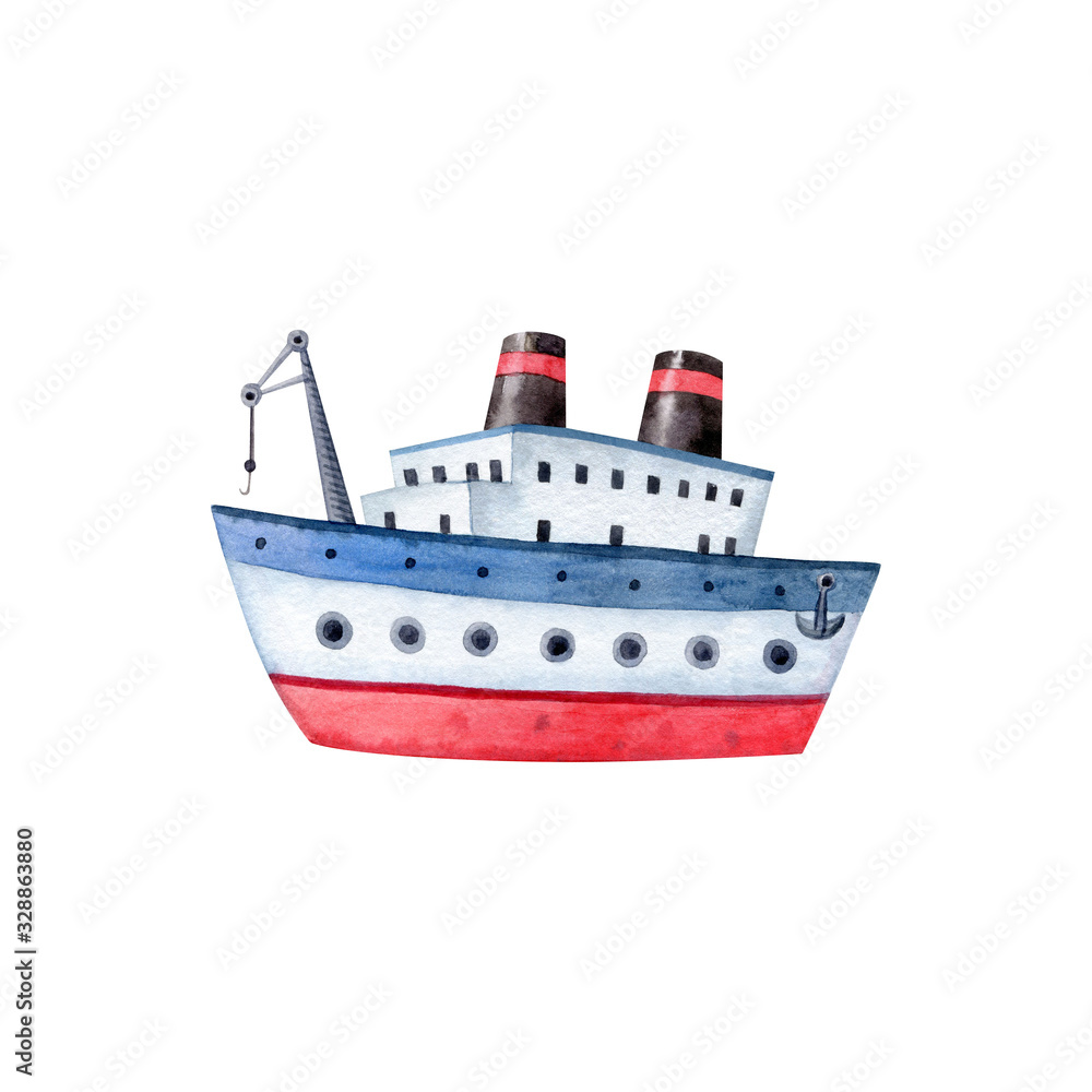 Fototapeta premium Ship - watercolor illustration isolated on white background, hand drawn clipart. Cartoon fishing boat. Illustration for clothes, stickers, baby shower, greeting cards, prints.