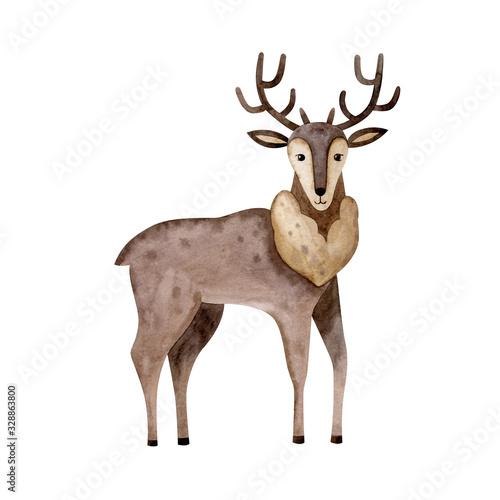 Cute reindeer-watercolor illustration isolated on white background. Cartoon stylized animal character, hand drawn clipart. Illustration for clothes, stickers, baby shower, greeting cards, prints.