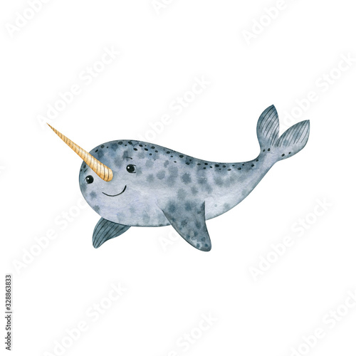 Cute sea narwhal-watercolor illustration isolated on white background. Cartoon stylized animal character  hand drawn clipart. Illustration for clothes  stickers  baby shower  greeting cards  prints.