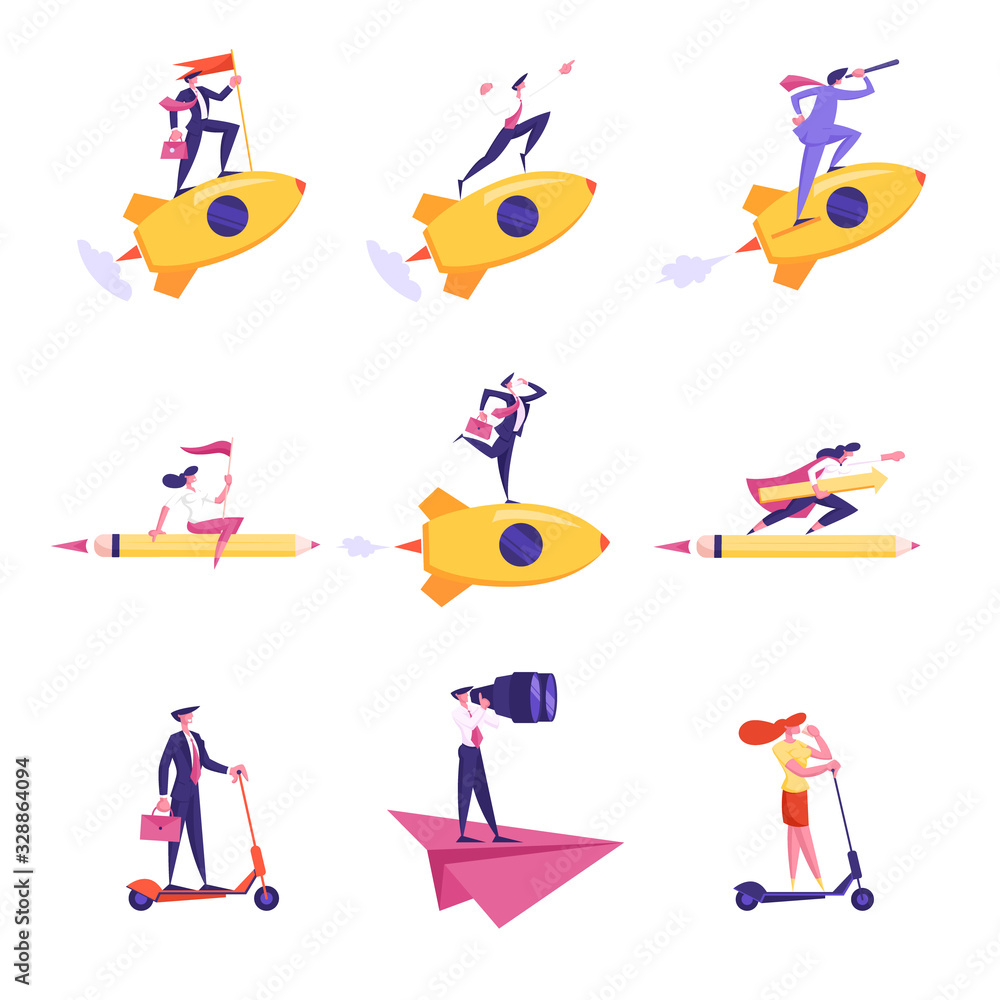 Set of Business People Characters Flying on Rocket, Paper Airplane and Huge Pencil Look in Spyglass and Binoculars, Hold Flag, Riding Scooter Isolated on White. Cartoon Vector Illustration, Clip Art