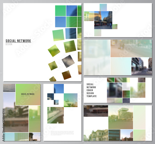 Vector layouts of modern social network mockup in popular formats for cover design  website design  website backgrounds or advertising. Abstract project with clipping mask green squares for your photo