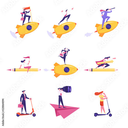 Set of Business People Characters Flying on Rocket, Paper Airplane and Huge Pencil Look in Spyglass and Binoculars, Hold Flag, Riding Scooter Isolated on White. Cartoon Vector Illustration, Clip Art © Hanna Syvak