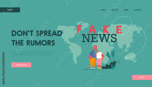 Fake News Landing Page Template. Couple of Women Characters Telling Gossips to Each Other on World Map Background, Information Worldwide Spreading, Mass Media. Cartoon People Vector Illustration