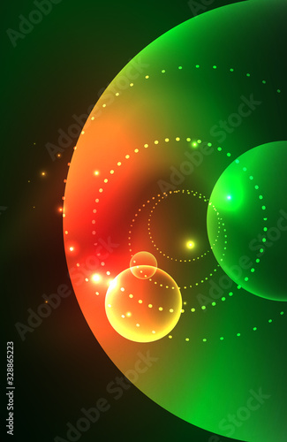 Fototapeta Naklejka Na Ścianę i Meble -  Neon shiny transparent glowing circles with light effects. Techno futuristic vector abstract background For Wallpaper, Banner, Background, Card, Book Illustration, landing page