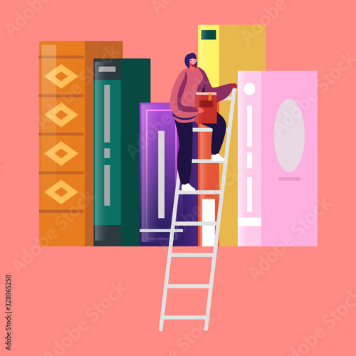 Woman in Library Reading and Searching Books. Young Girl Student Spend Time in Athenaeum Room with Bookshelf and Ladder, Tiny Female Character in Literature Storage. Cartoon Vector Illustration