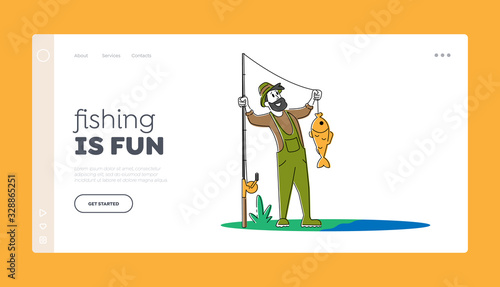 Fishing Outdoor Relaxing Summertime Hobby Landing Page Template. Fisherman Character Holding Rod Showing Fish he Caught. Fishman Have Good Catch. Summer Time Relax, Leisure. Linear Vector Illustration