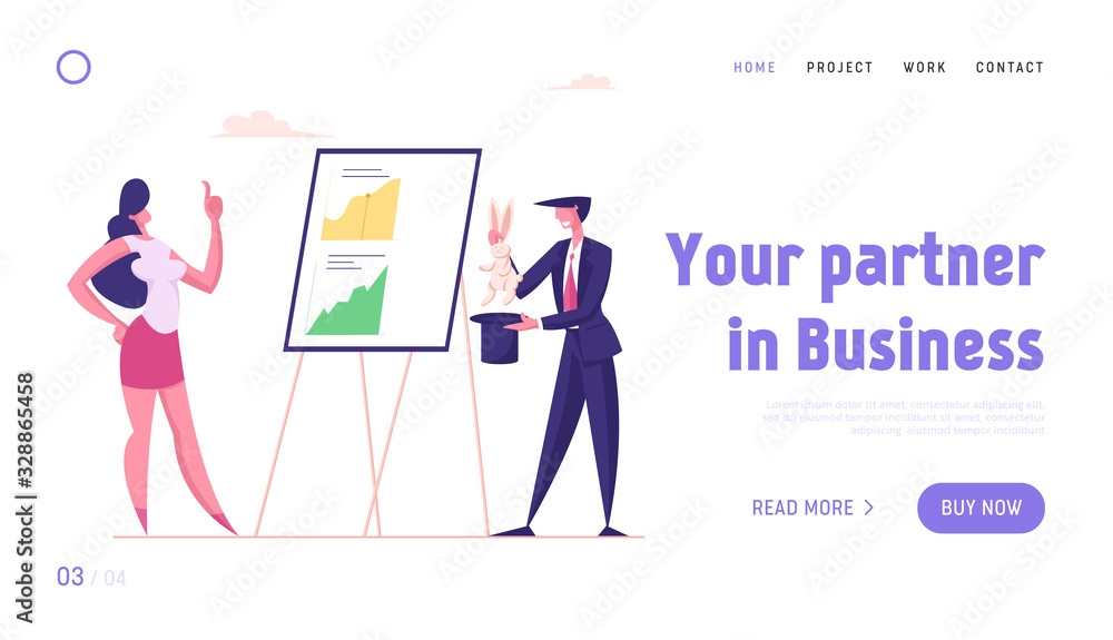 Business Magic Landing Page Template. Businessman Character Demonstrate to Businesswoman Magical Trick with Rabbit and Top Hat front of Chart Board with Charts. Cartoon People Vector Illustration