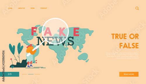 Social Mass Media Forgery, False Information Landing Page Template. Woman Character with Huge Magnifying Glass Looking on Fake News Typography at World Map Background. Cartoon Vector Illustration