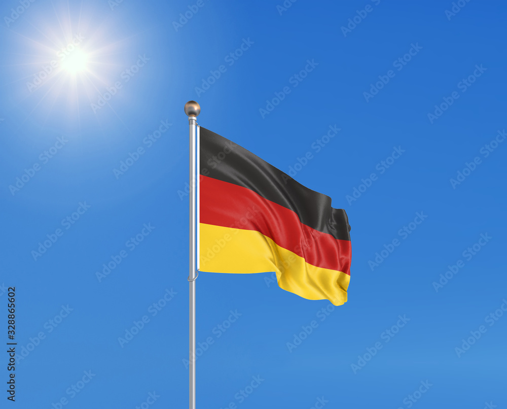 3D illustration. Colored waving flag of Germany on sunny blue sky background. 3D illustration. Colored waving flag of Germany on sunny blue sky background.