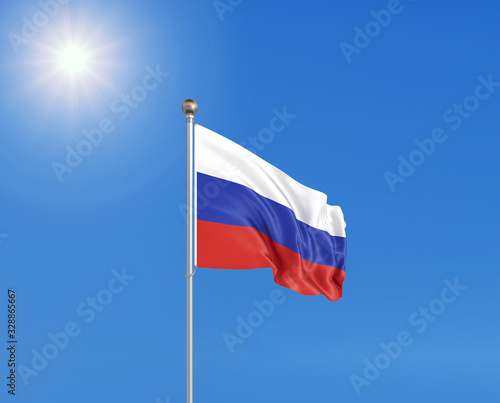 3D illustration. Colored waving flag of Russia on sunny blue sky background.