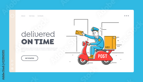Postman Shipping Parcel and Mail by Scooter Landing Page Template. Courier Man Hold Envelop in Hand. Mailman Character Delivering Post on Moped. Express Delivery Service. Linear Vector Illustration