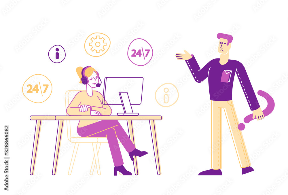 Hotline Service, Call Center Staff Female Character in Headset Chatting with Male Customer on Computer. Technical Support Specialist Solve Client Problems Online. Linear People Vector Illustration Hotline Service, Call Center Staff Female Character in Headset Chatting with Male Customer on Computer. Technical Support Specialist Solve Client Problems Online. Linear People Vector Illustration