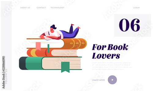 Young Woman Student or Bookworm Spend Time in Library Landing Page Template. Tiny Female Character Enthusiastically Reading Lying on Huge Book Pile Prepare for Examination. Cartoon Vector Illustration