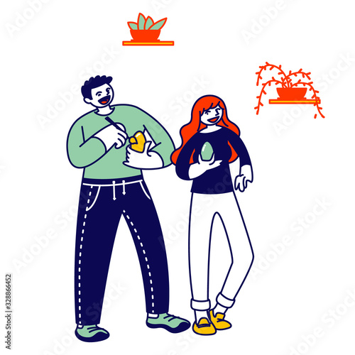Man and Woman Characters Painting Eggs for Easter Celebration. Happy People Prepare for Spring Holiday. Loving Couple Spare Time, Creative Activity, Christian Tradition. Linear Vector Illustration