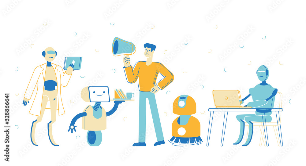 Robots, Artificial Intelligence in Human Life. Man Character with Megaphone Manage Cyborgs. Chatbot Help People, Ai Faq Service, Housekeeping and Waiter, Business Assistant. Linear Vector Illustration