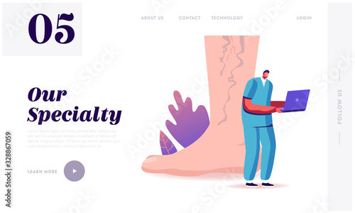 Feet Health Care, Podiatry Landing Page Template. Tiny Doctor Character with Laptop at Huge Foot with Diseased Veins Searching Info about Thrombosis and Varicose Treatment. Cartoon Vector Illustration