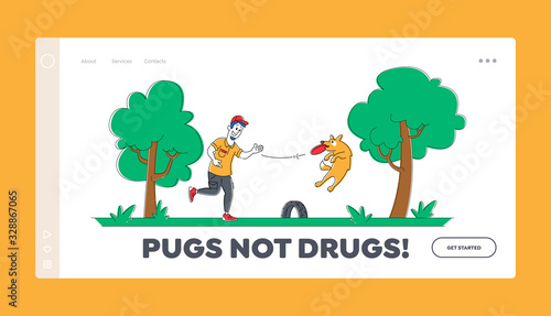 Young Man Walking with Dog Outdoors Landing Page Template. Male Character Playing with Pet Spend Time at Summertime Park. Relaxing Leisure, Communication with Home Animal. Linear Vector Illustration