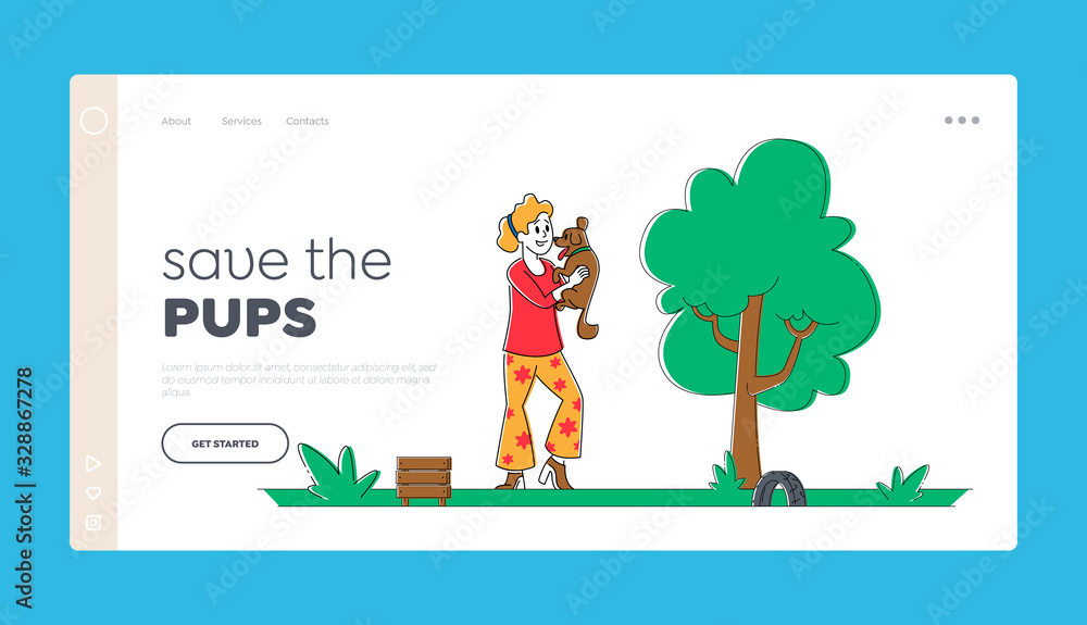 Owner Holding Dog on Hands Landing Page Template. Happy Woman Character Playing with Dog on Street in Park Having Leisure, Spend Time with Domestic Animal, Friendship. Linear Vector Illustration Owner Holding Dog on Hands Landing Page Template. Happy Woman Character Playing with Dog on Street in Park Having Leisure, Spend Time with Domestic Animal, Friendship. Linear Vector Illustration