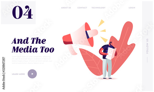 Fake News, Information and Disinformation Landing Page Template. Male Character Read Newspaper near Huge Megaphone Speaking. Mass Media Manipulation, Gossip Info. Cartoon People Vector Illustration