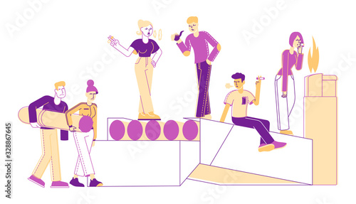 Smokers and Smoking Addiction Concept. Young and Old People Smoke near Huge Cigarettes Box, Young Man with Pipe in Public Place. Male and Female Characters Have Bad Habit. Linear Vector Illustration
