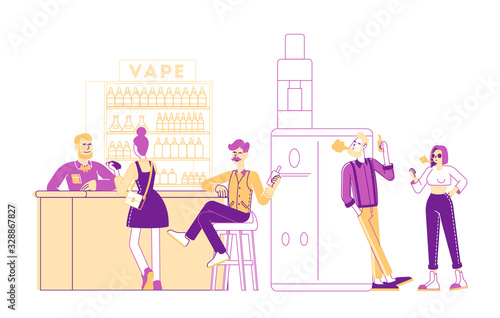 Vape Shop Business Concept. Characters in Store with Electronic Cigarette Products, Vaporizers and E-liquids Selection. People Buying and Enjoy Vaping Breathe in Nicotine. Linear Vector Illustration
