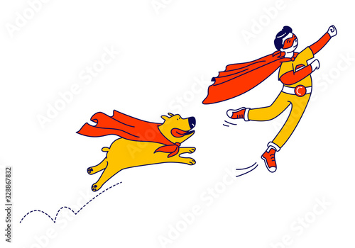 Happy Boy and Dog Superhero Characters Flying. Kid Super Hero in Red Cloak and Glasses Ready to Win. Happy Smiling Child Go Back to School, Kindergarten, Success, Winner. Linear Vector Illustration