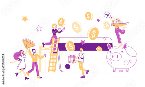 People Use Bonus Card, Loyalty Program Concept. Tiny Characters Holding Huge Golden Coins, Earn Reward, Redeem Gift and Perks. Brilliant and Gift Boxes at Huge Piggy Bank. Linear Vector Illustration